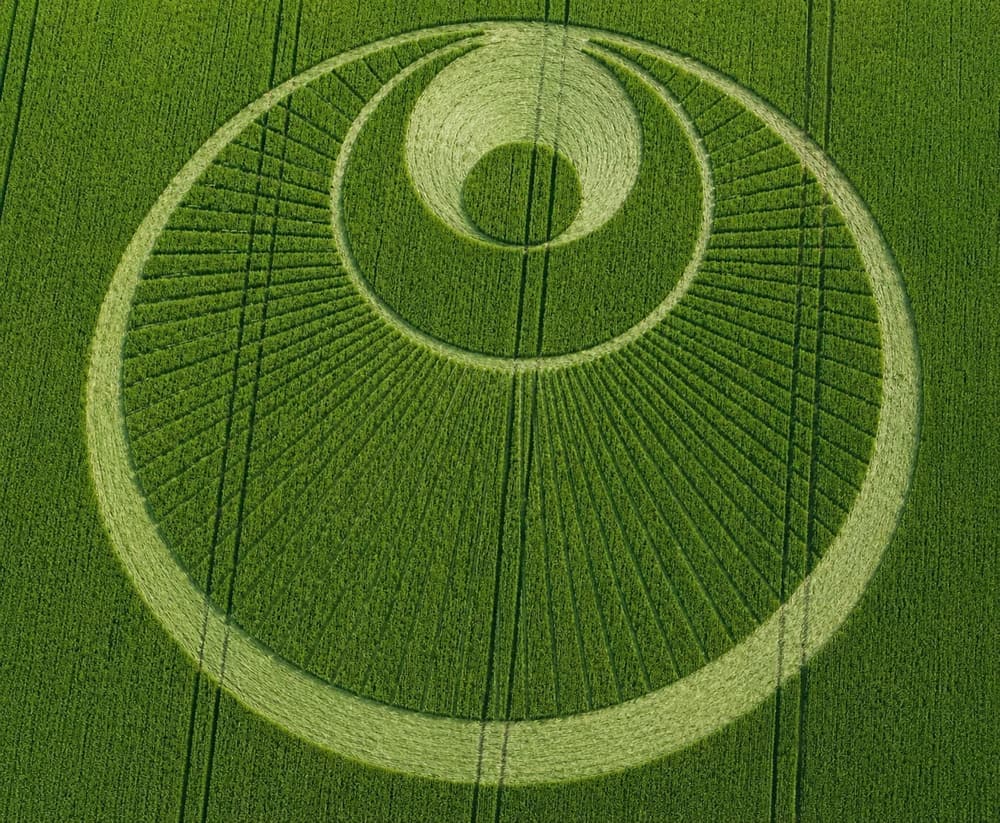 A green crop circle formation pressed into a field, seen from above