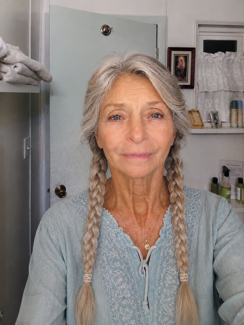 Megan J. Wells, silver hair in two braids